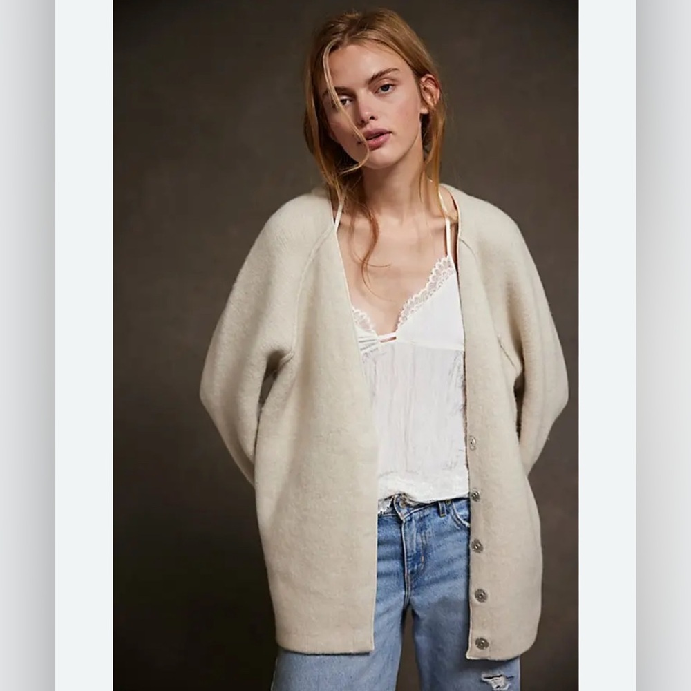 RARE We The Free Gi Cardi Cream Cotton/Wool Distressed Oversized Snap/Pockets
